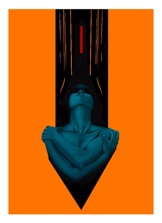 Blue figure against an orange and black background